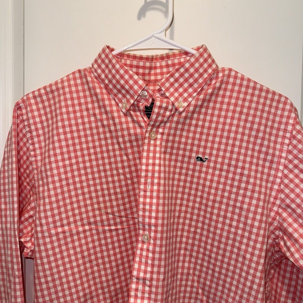 Vineyard Vines Whale Shirt Mens XL Coral Pink Gingham Check Button Down